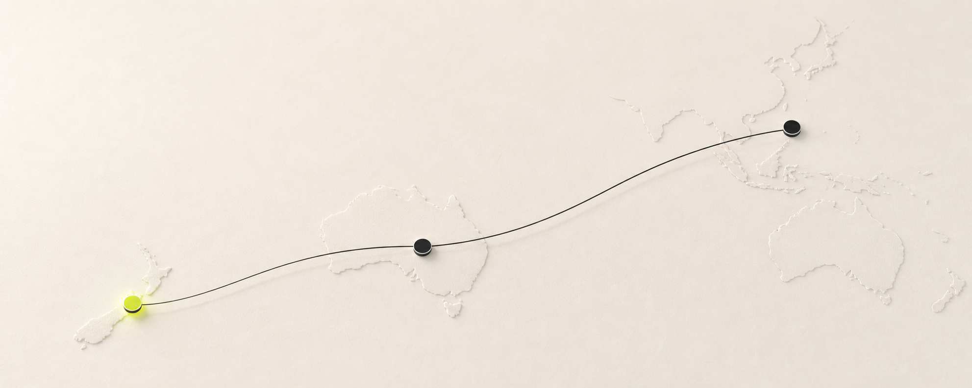 Minimal editorial world map illustration: a lime tennis-ball marker on New Zealand connected by a hand-drawn curve through an Asia-Pacific midpoint to an East Asia marker — the journey from now to the wider world