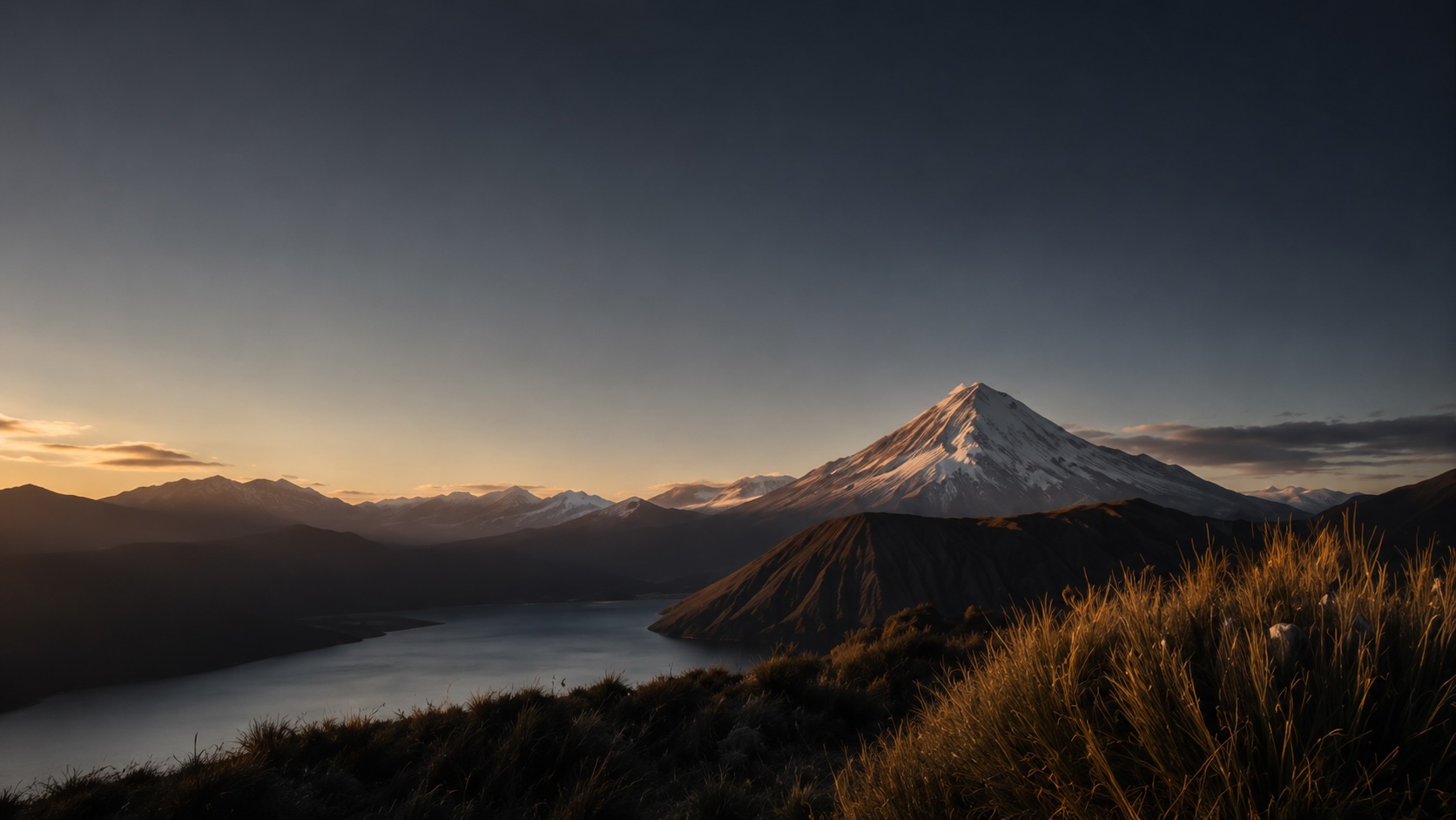 Snow-capped New Zealand mountain and alpine lake at dusk