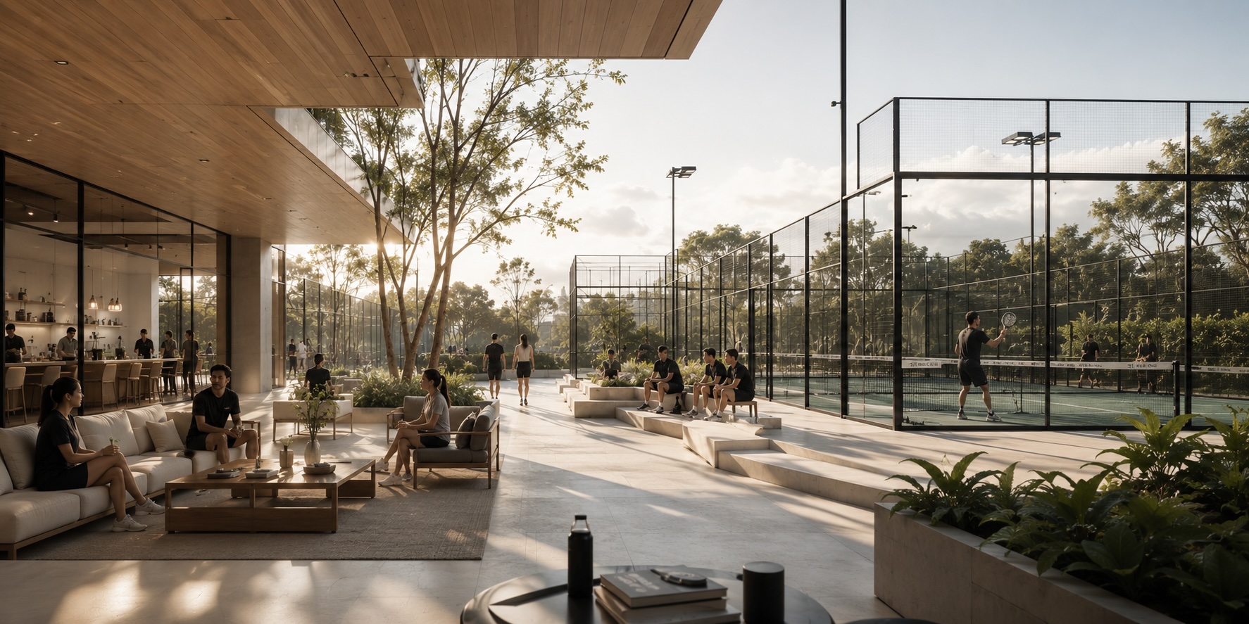 NINE ONE clubhouse lounge beside glass padel courts at golden hour