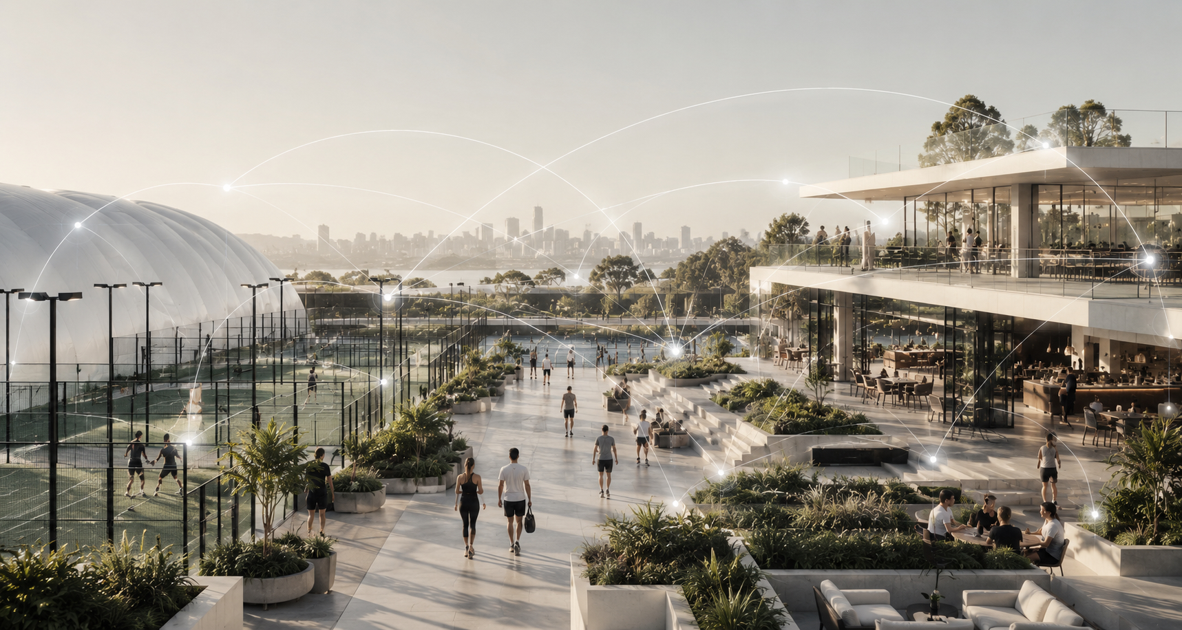 NINE ONE rooftop terrace connecting courts, clubhouse and community against the city skyline