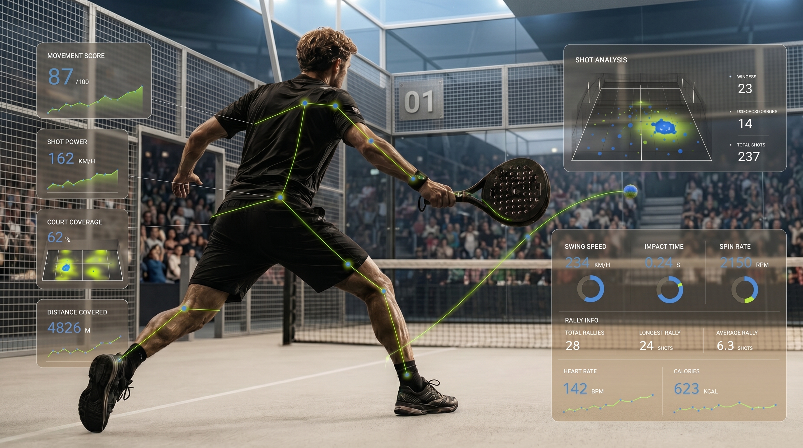 Padel player mid-action with lime skeleton motion tracking and blue performance dashboard overlays