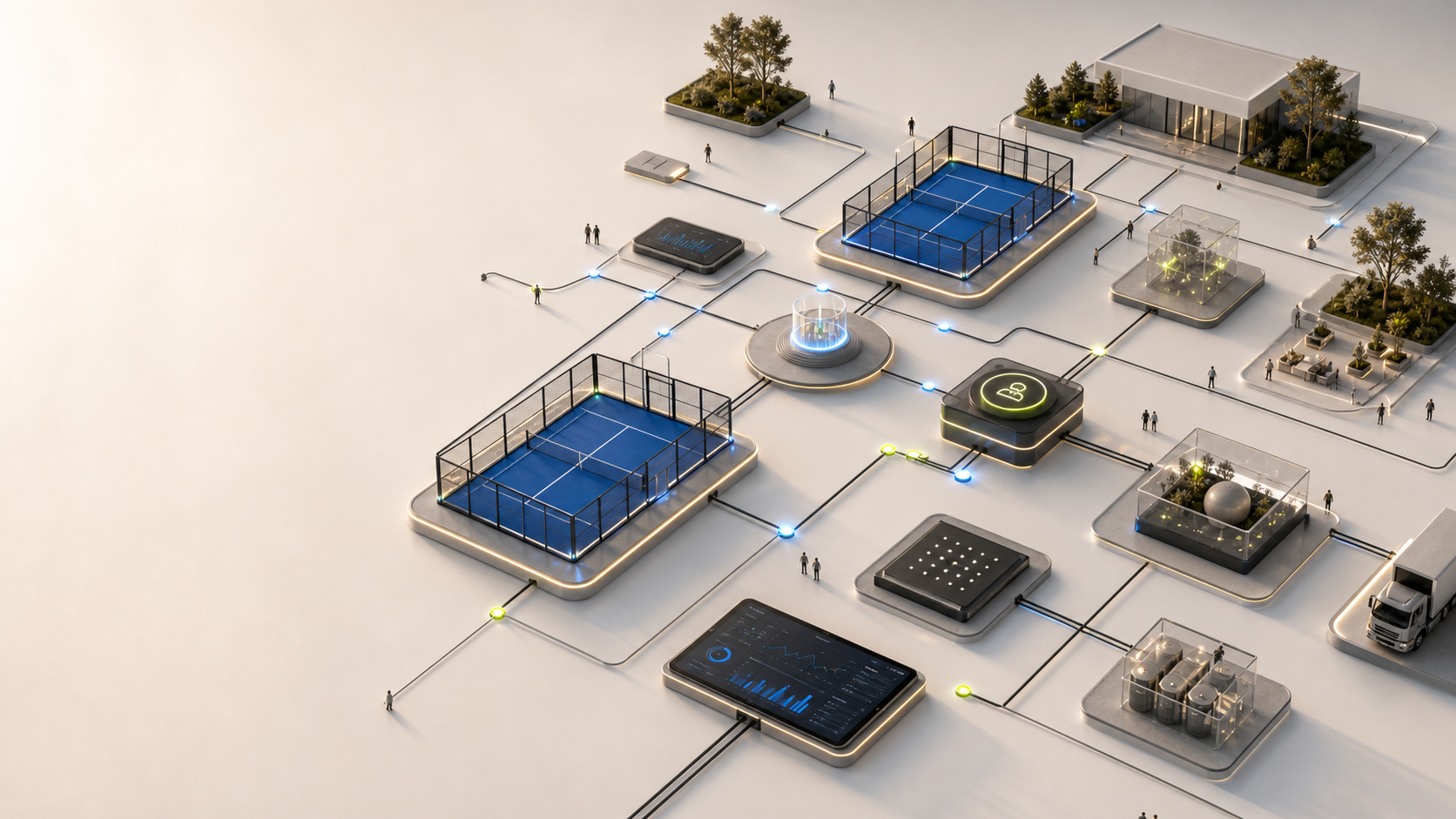 3D isometric visualization of the NINE ONE ecosystem — padel courts, clubhouses, a central NINE ONE mark, distribution truck and pedestrian figures connected by bright lime and blue data-flow lines on a light cream background