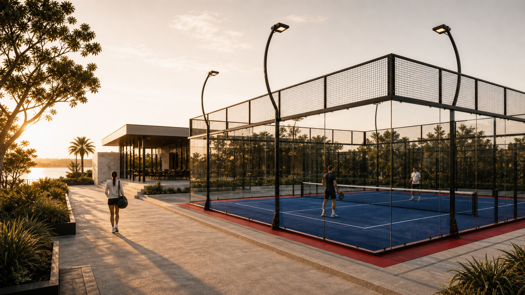 Single outdoor padel court at golden hour with a woman walking past, players mid-rally, a modern clubhouse and lake landscape behind