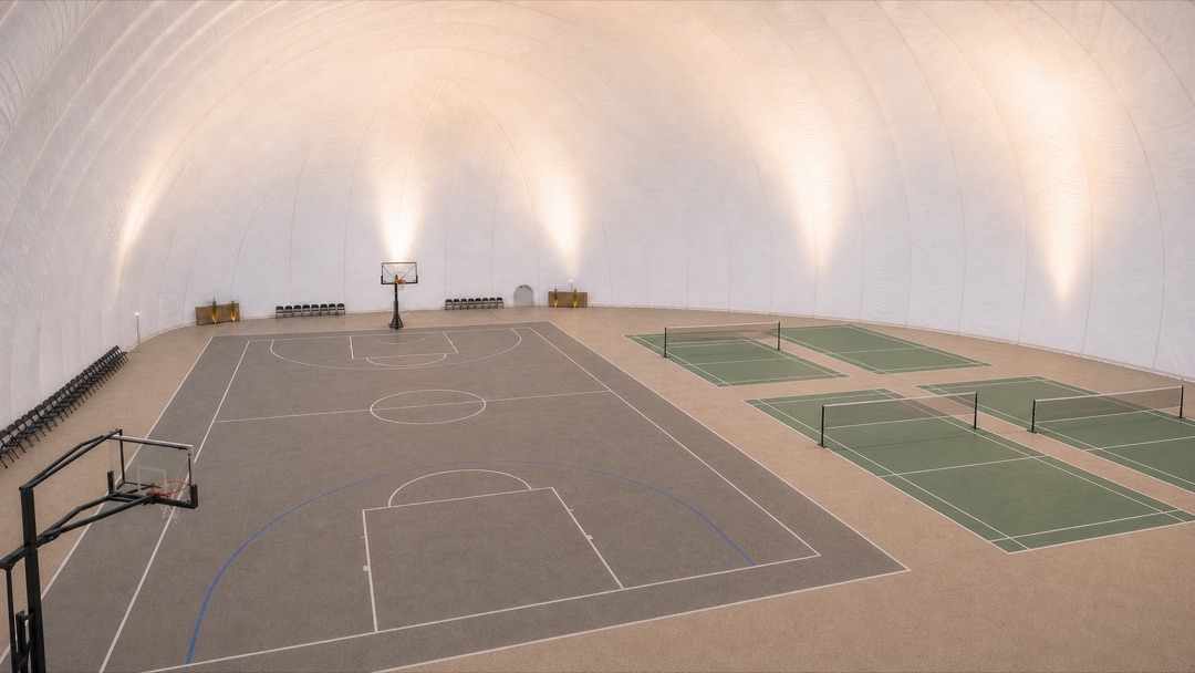 Concept visualisation — completed Air Dome with separated basketball and badminton courts