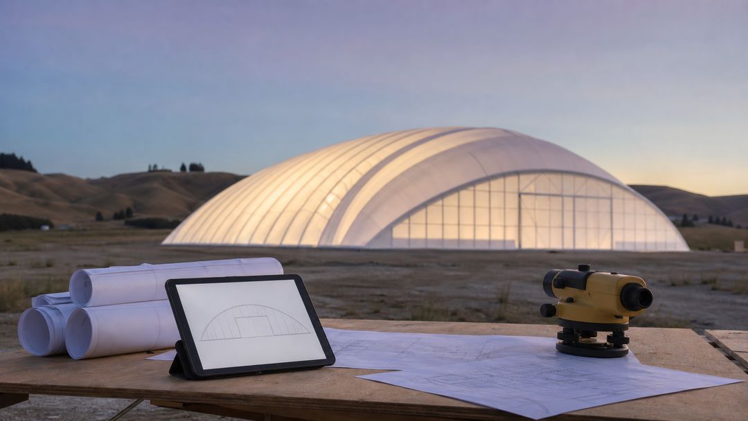 Concept visualisation — site plans and survey equipment at a proposed Air Dome site