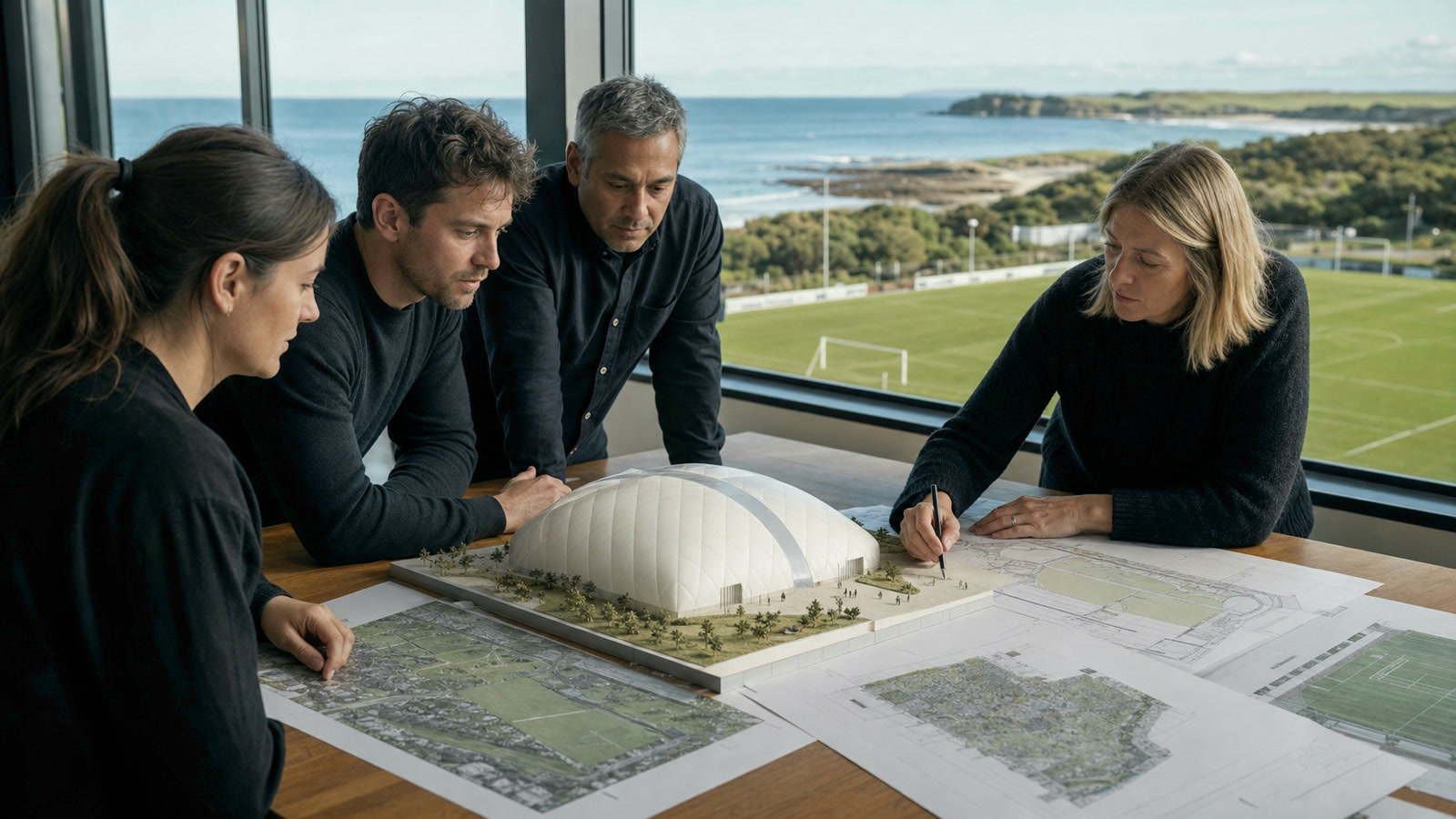 A project team reviewing a sport venue design