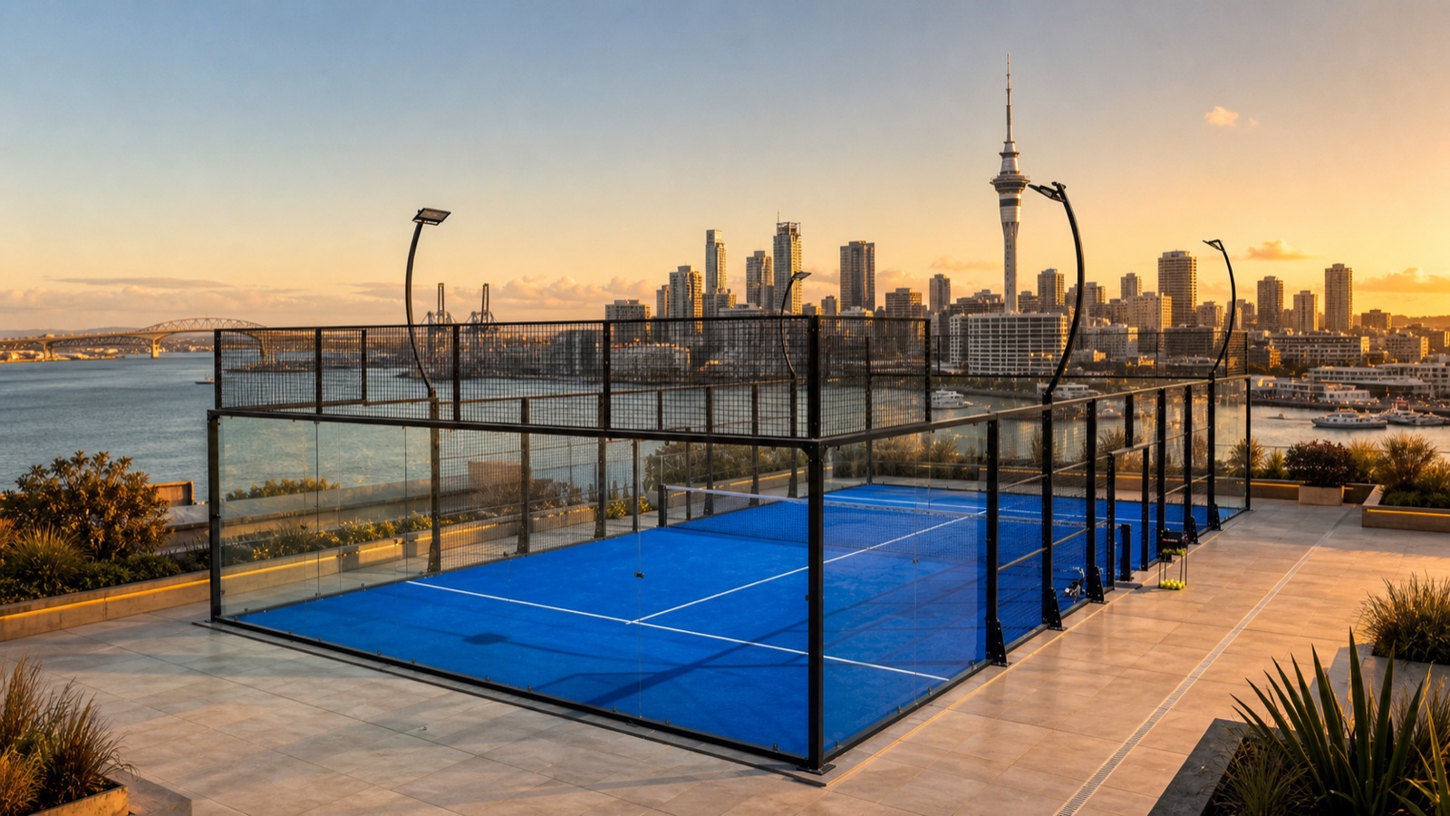A standard padel court in Auckland with glass end walls, mesh upper structure and New Zealand city context