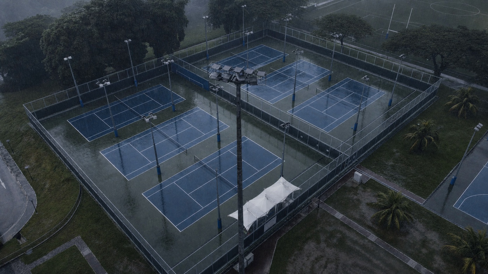 Concept visualisation — rain on an uncovered community sports facility