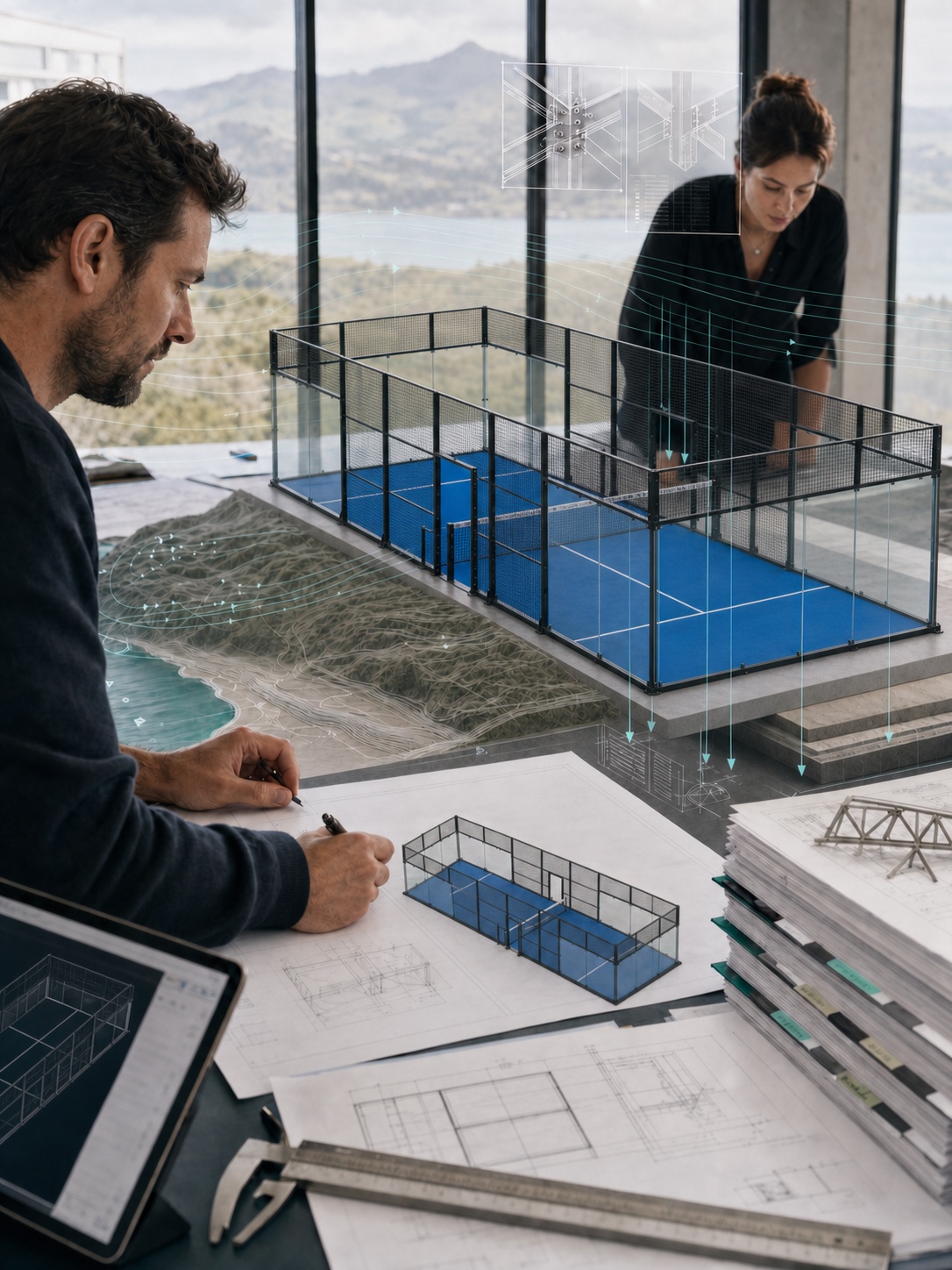 Engineers reviewing a site-specific padel court model and technical drawings