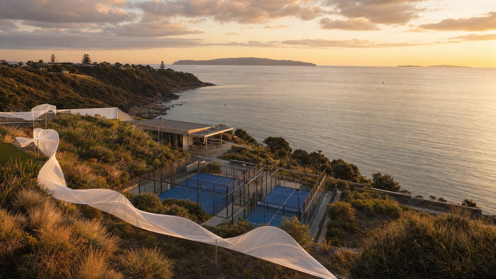 A Nine One Play padel club on the Auckland coast at golden hour