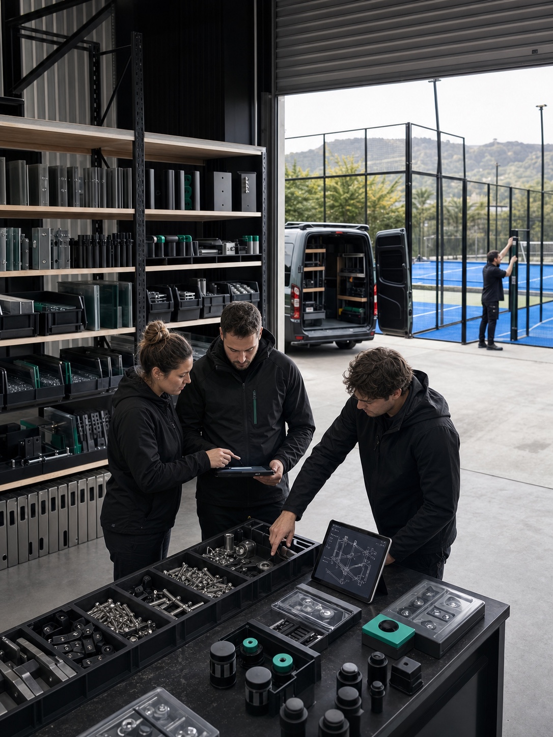 New Zealand service team preparing replacement parts beside a padel court