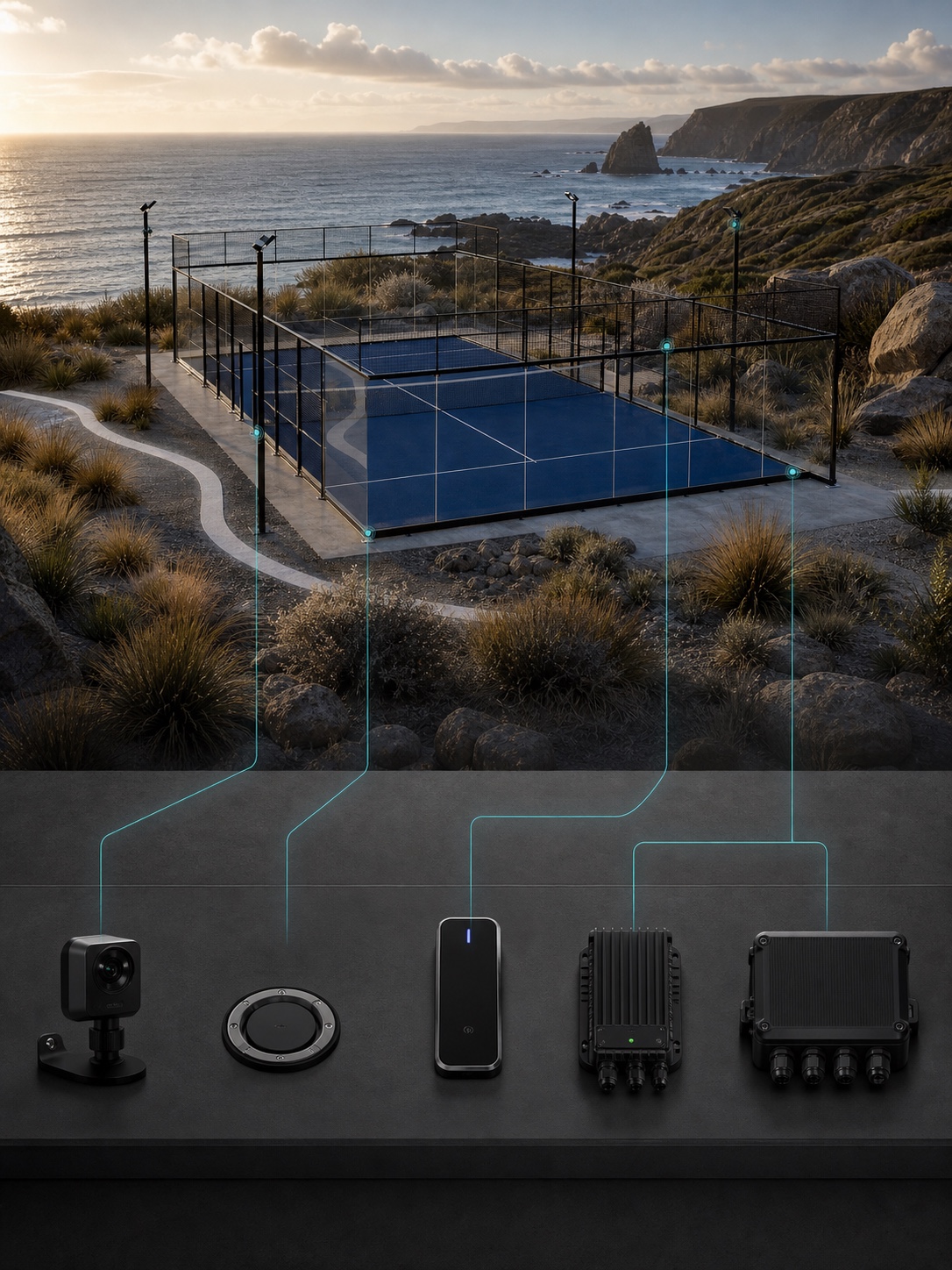 Padel court technology layer with cameras, access, sensors and control hardware