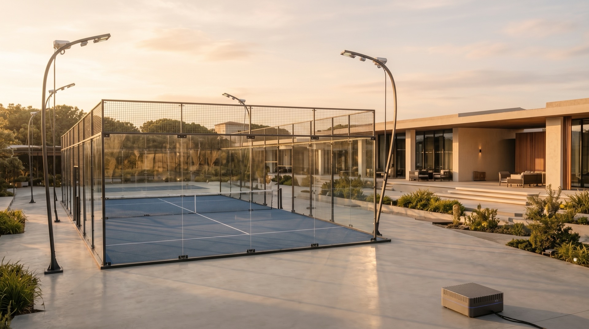 Concept visualisation — A Nine One community sport court beside a clubhouse in soft daylight