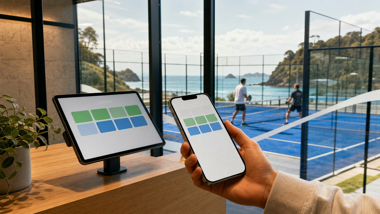 A phone and tablet showing a court scheduling interface