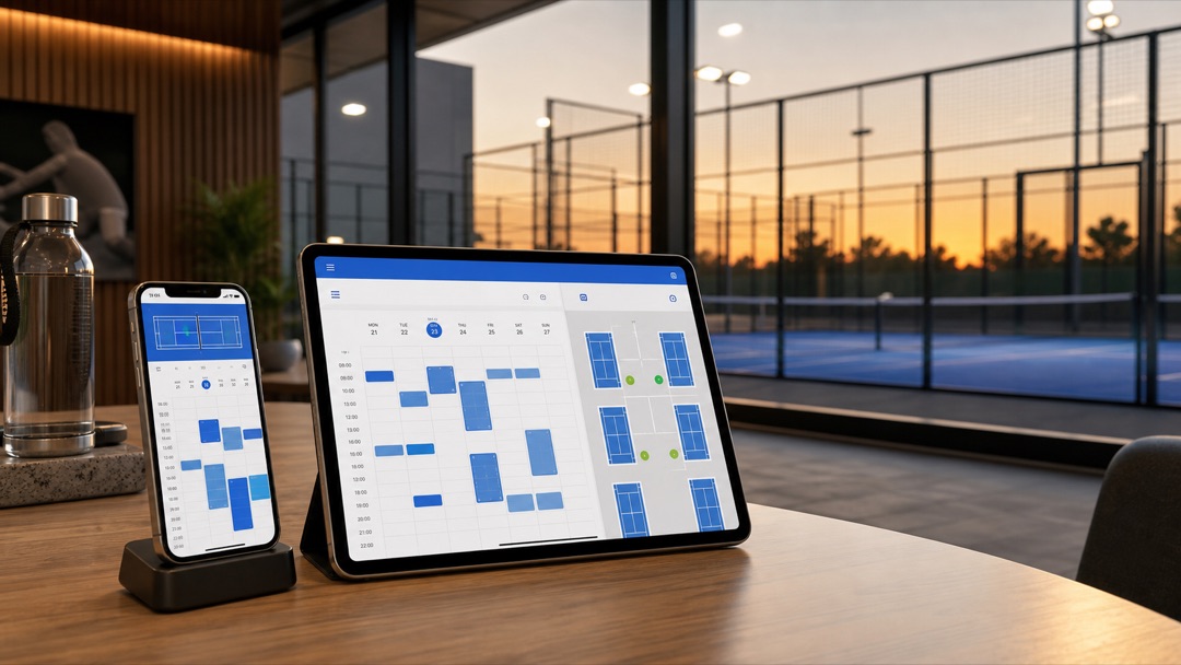 Concept visualisation — a smart padel booking system showing court availability on a phone and tablet