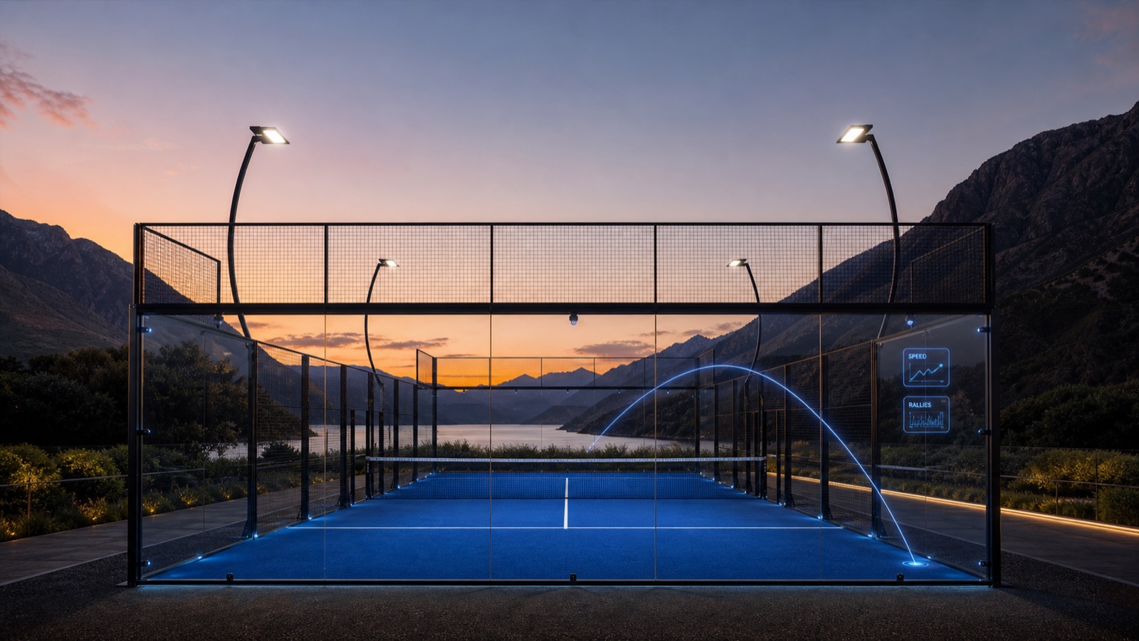 Concept visualisation — an accurate smart padel court with inward-facing cameras, ground sensors and a live data layer