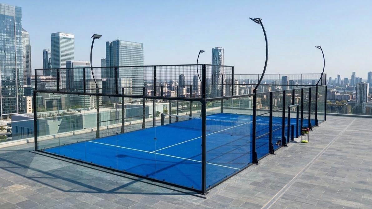 A padel court with glass end walls, mesh upper structure and correctly placed access openings