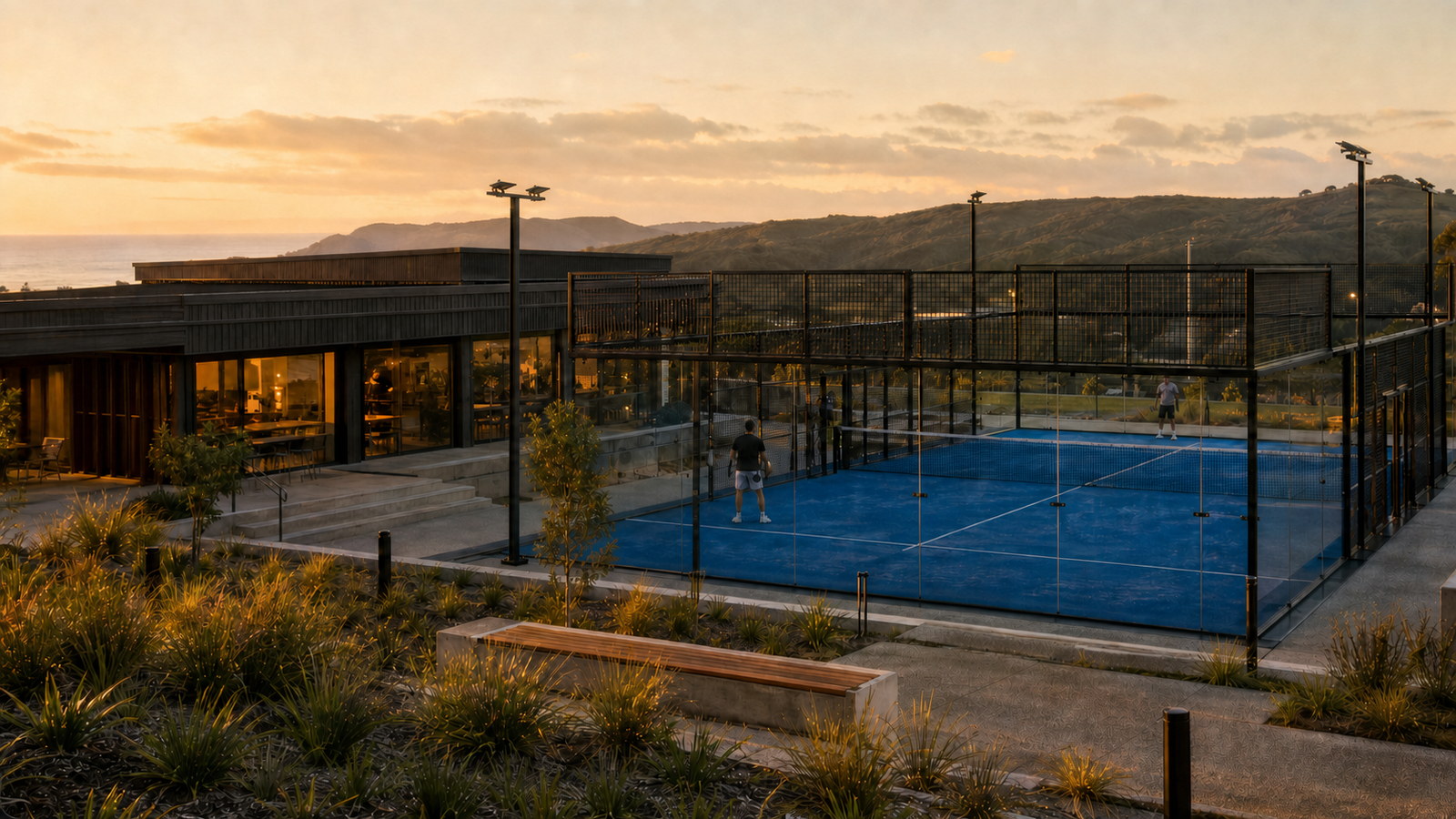 Concept visualisation — our own operational padel court and clubhouse in New Zealand light, shown as a real home ground