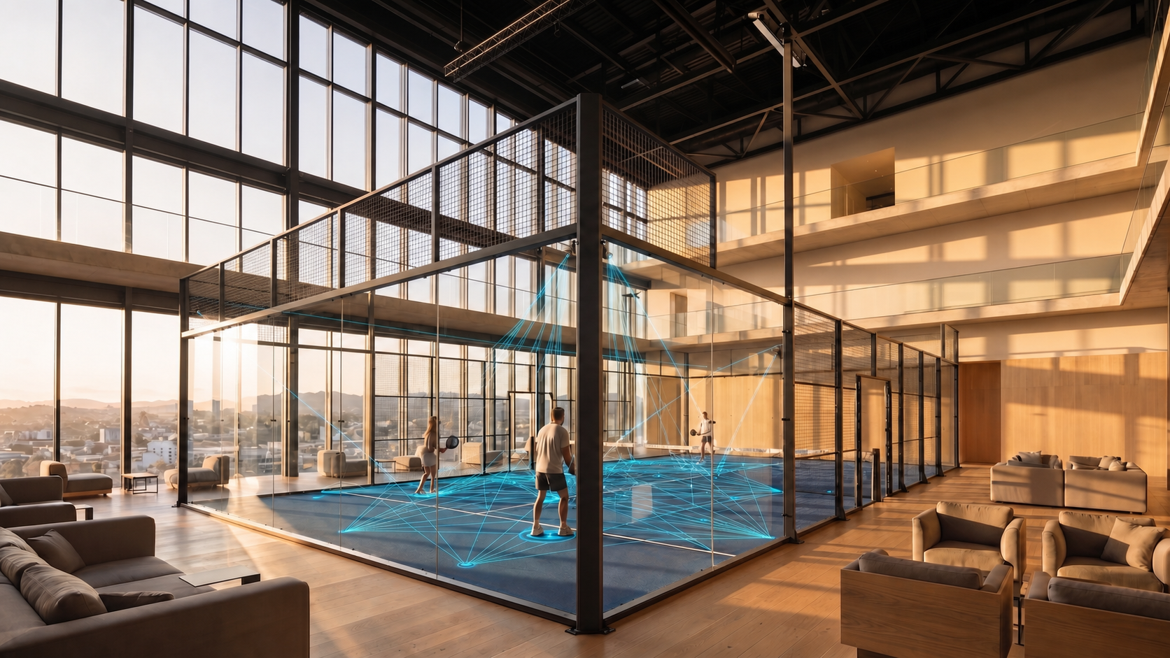 Concept visualisation — an indoor smart padel court mapping every movement with camera tracking