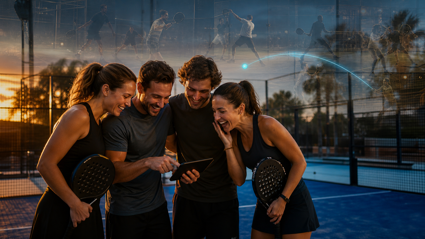 Concept visualisation — four players sharing memorable moments from their padel journey