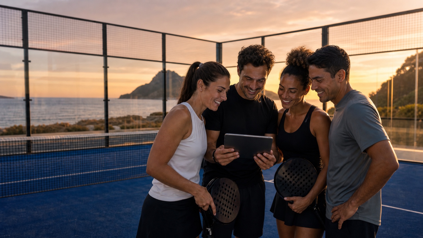 Four players inside a padel court reviewing a shared match record together