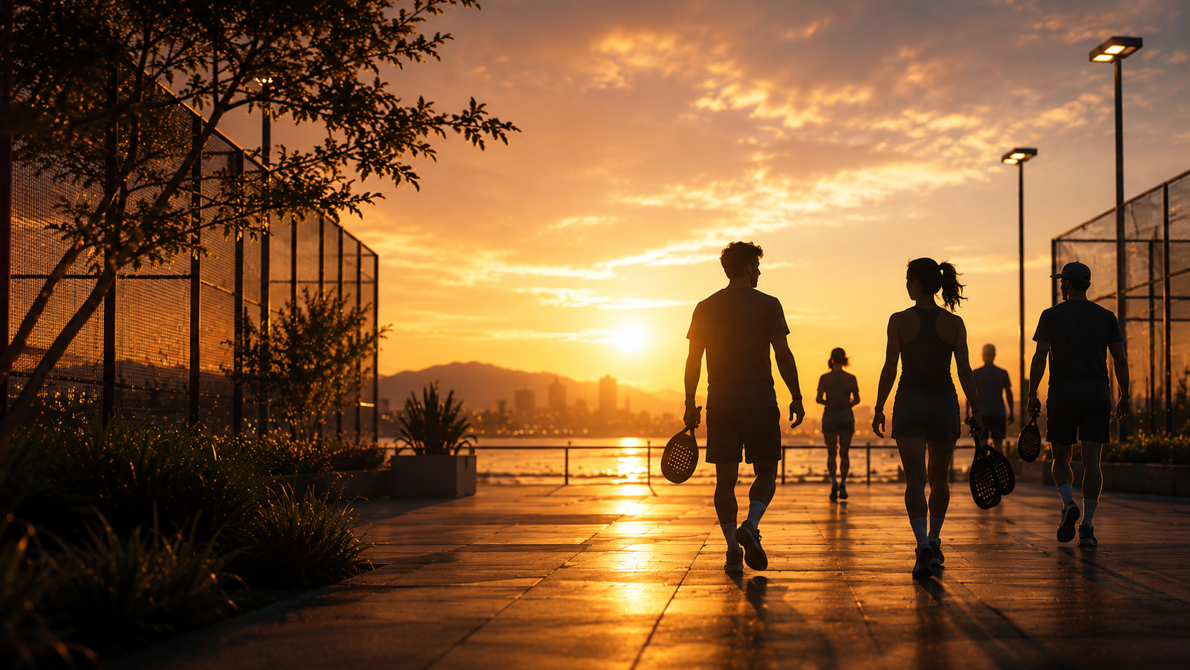Concept visualisation — players walking together beside open-air padel courts at sunset