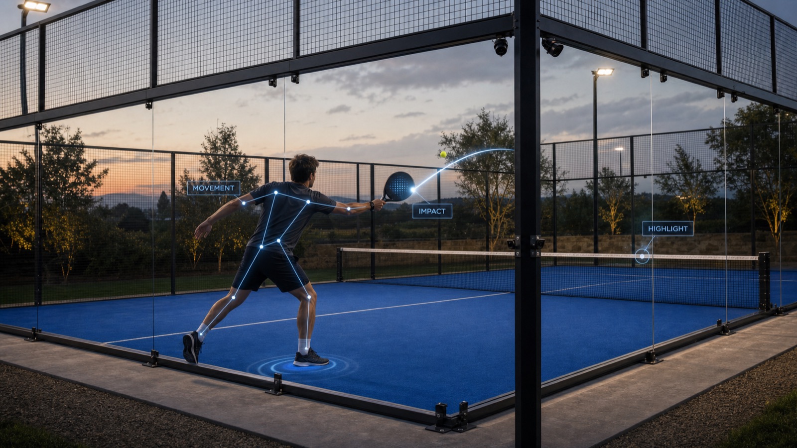 Concept visualisation — a padel player whose movement, impact and highlight are read by the system