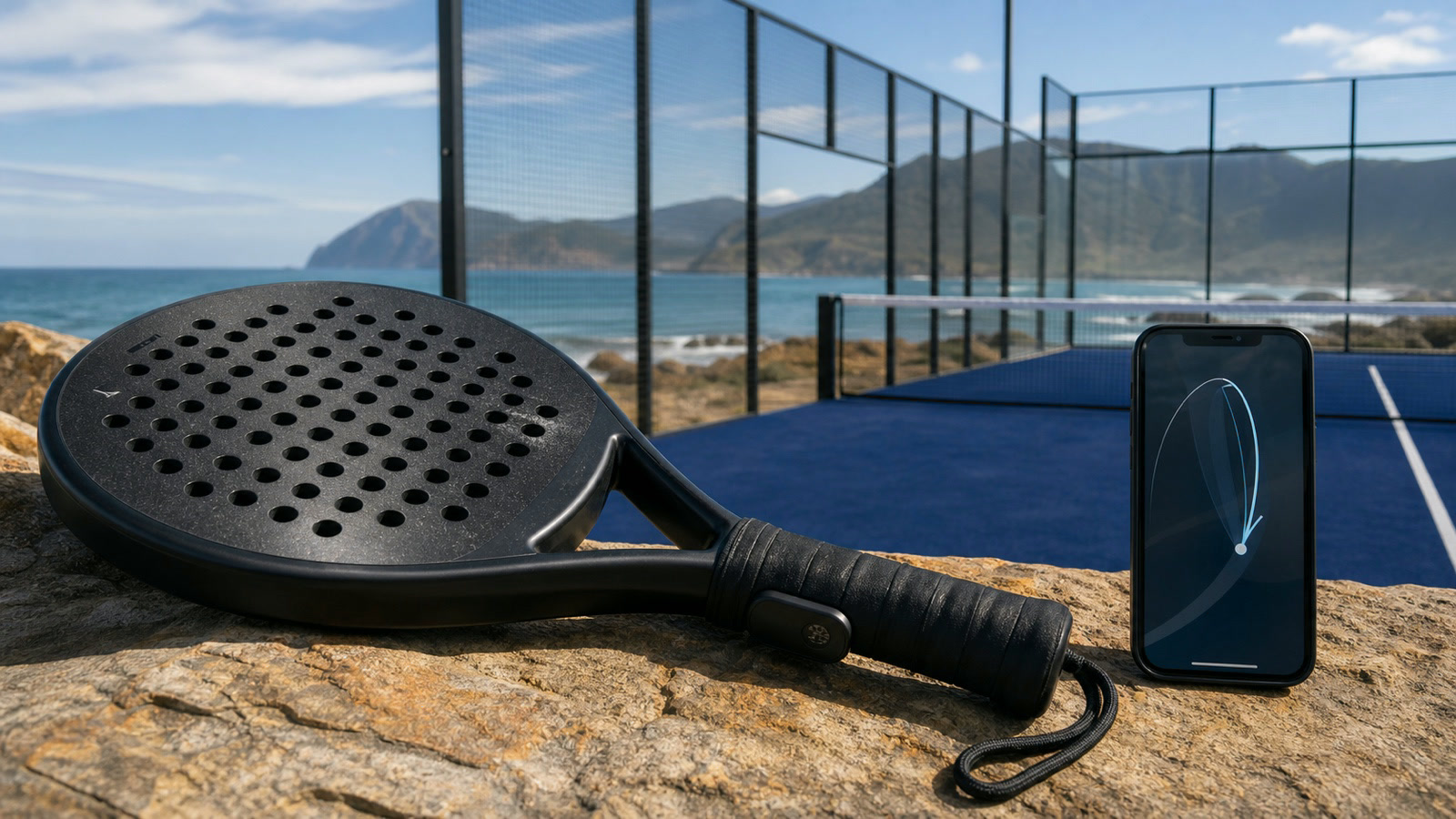 A padel racket and phone shown as a connected product study