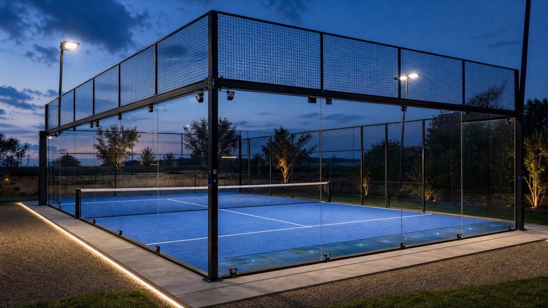Concept visualisation — a smart padel court with inward-facing cameras, post sensors and ground-sensor nodes