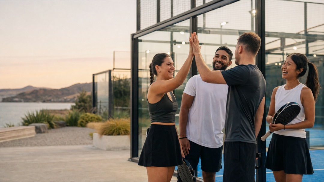 Concept visualisation — four padel players sharing a post-game high-five beside the court