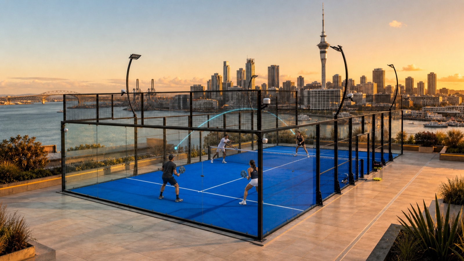 Four padel players on a sensor-enabled court with a restrained trajectory and court-position data layer