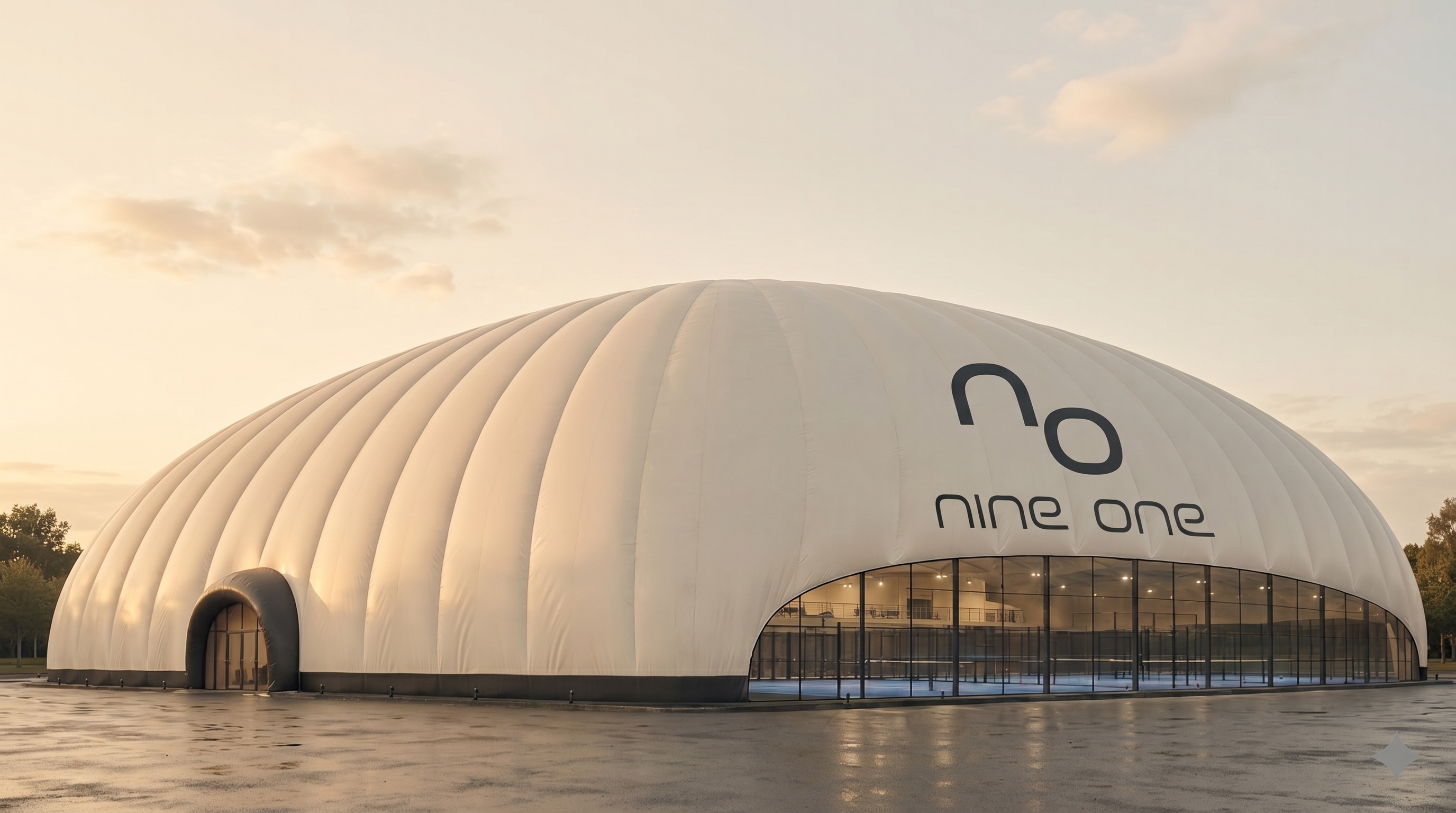 NINE ONE-branded white airdome padel facility at dusk