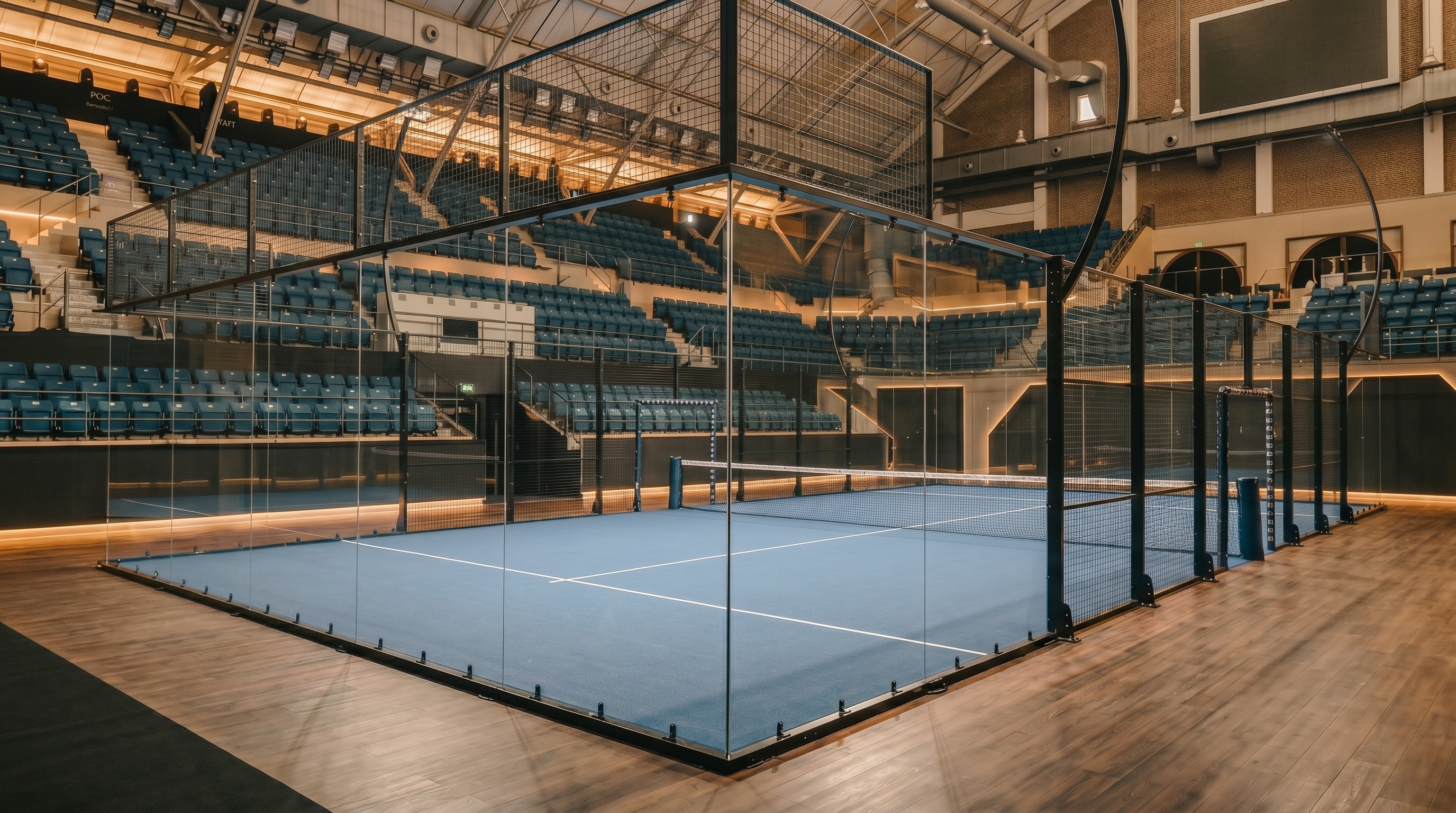 NINE ONE indoor padel arena with stadium seating, wooden floor and blue glass court