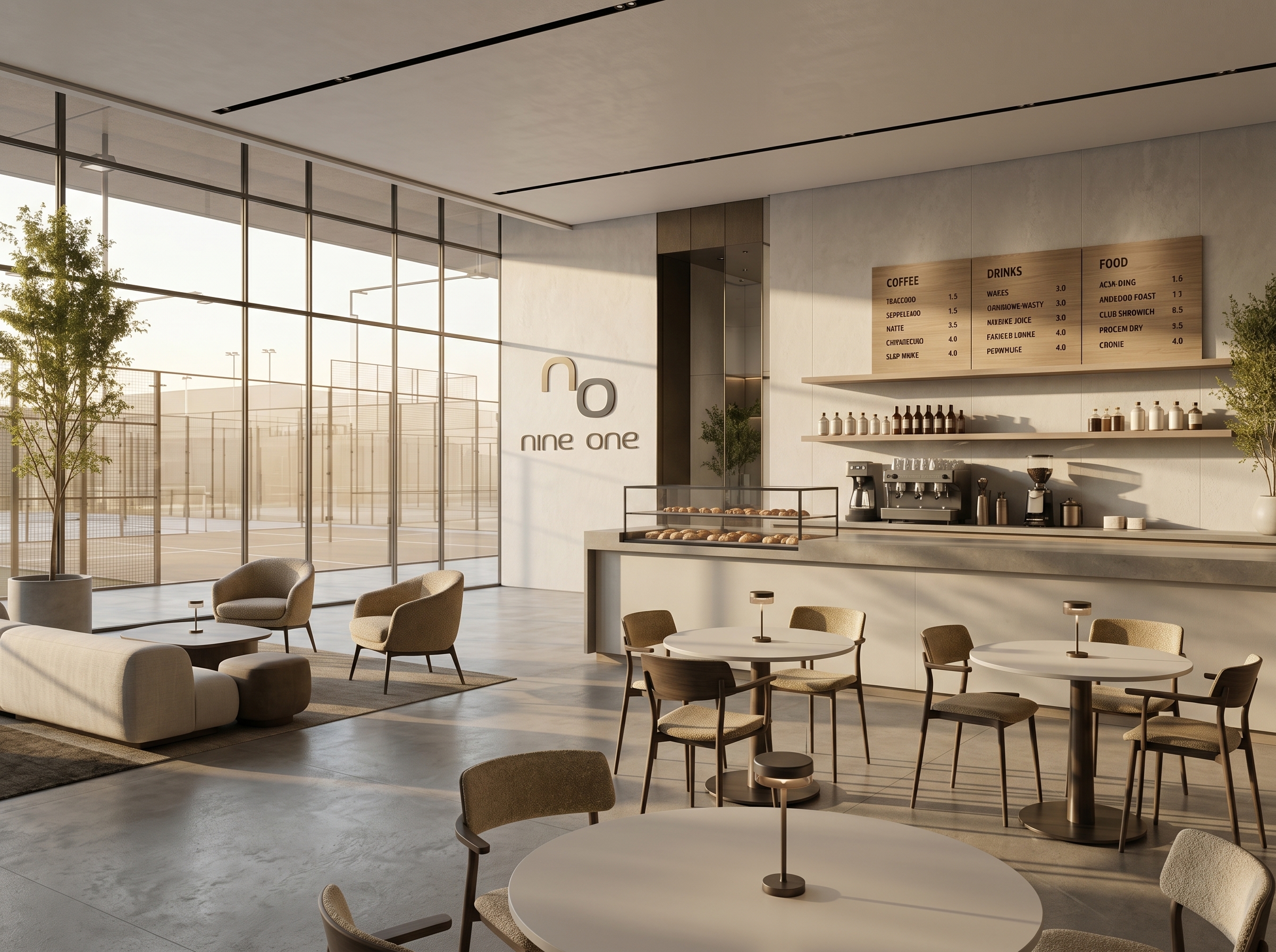 NINE ONE branded café interior with coffee bar, menu board and calm light