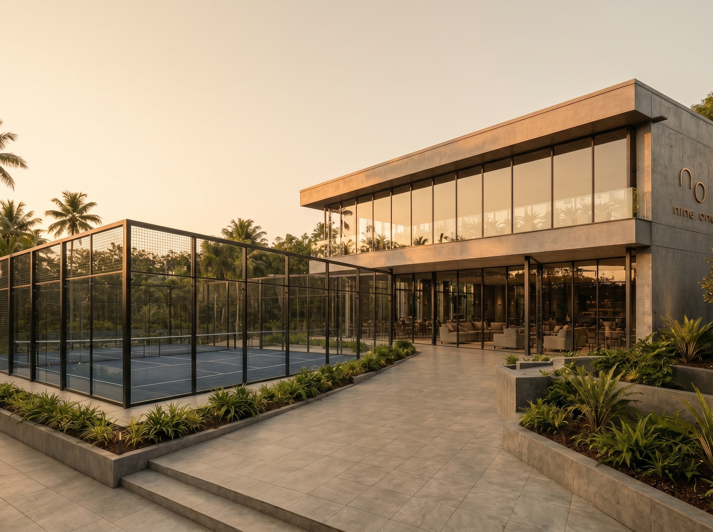 NINE ONE tropical clubhouse at golden hour with palm trees, glass courts and illuminated branding