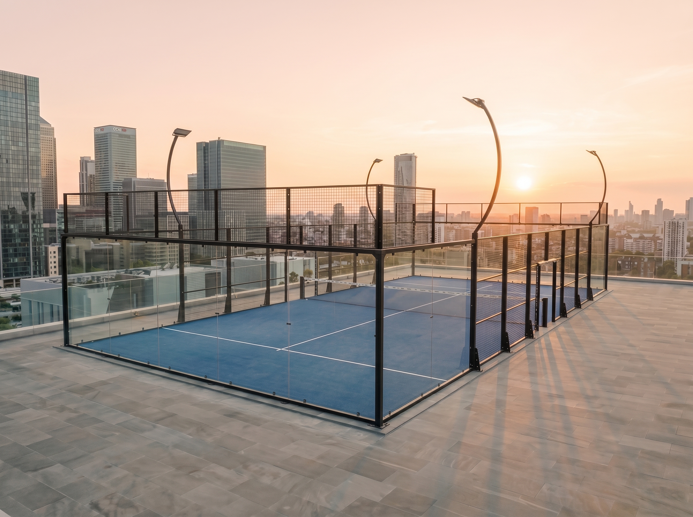NINE ONE rooftop padel court at golden hour with city skyline backdrop, blue court surface and curved light fixtures — flagship Signature Panoramic venue