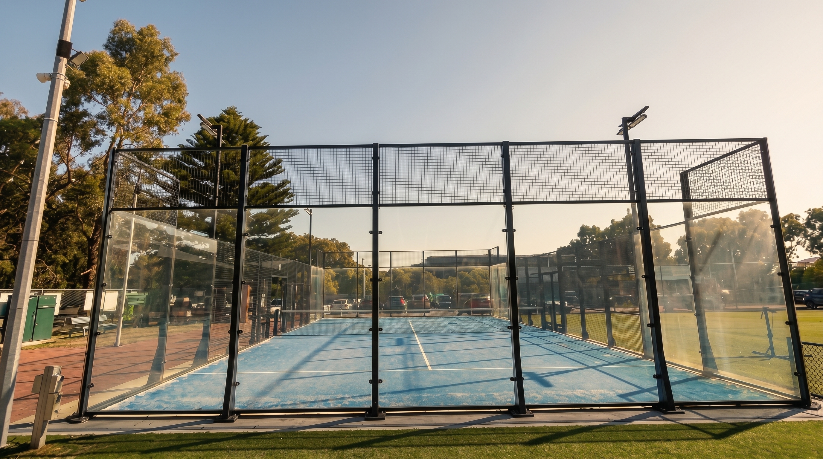 NINE ONE outdoor padel court with glass enclosure in bright daytime parkland