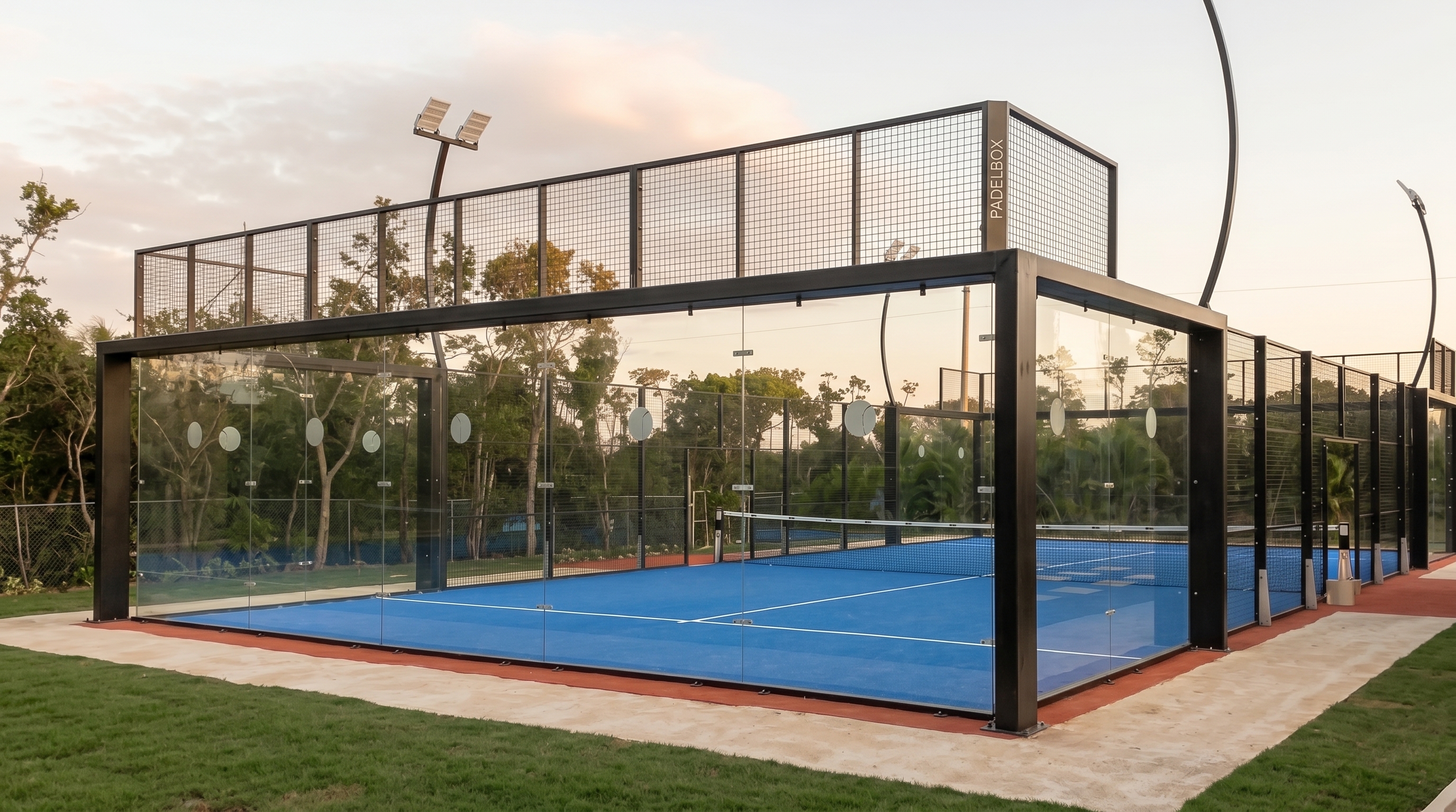 NINE ONE outdoor padel court with full glass enclosure on a manicured lawn at dusk, parkland setting