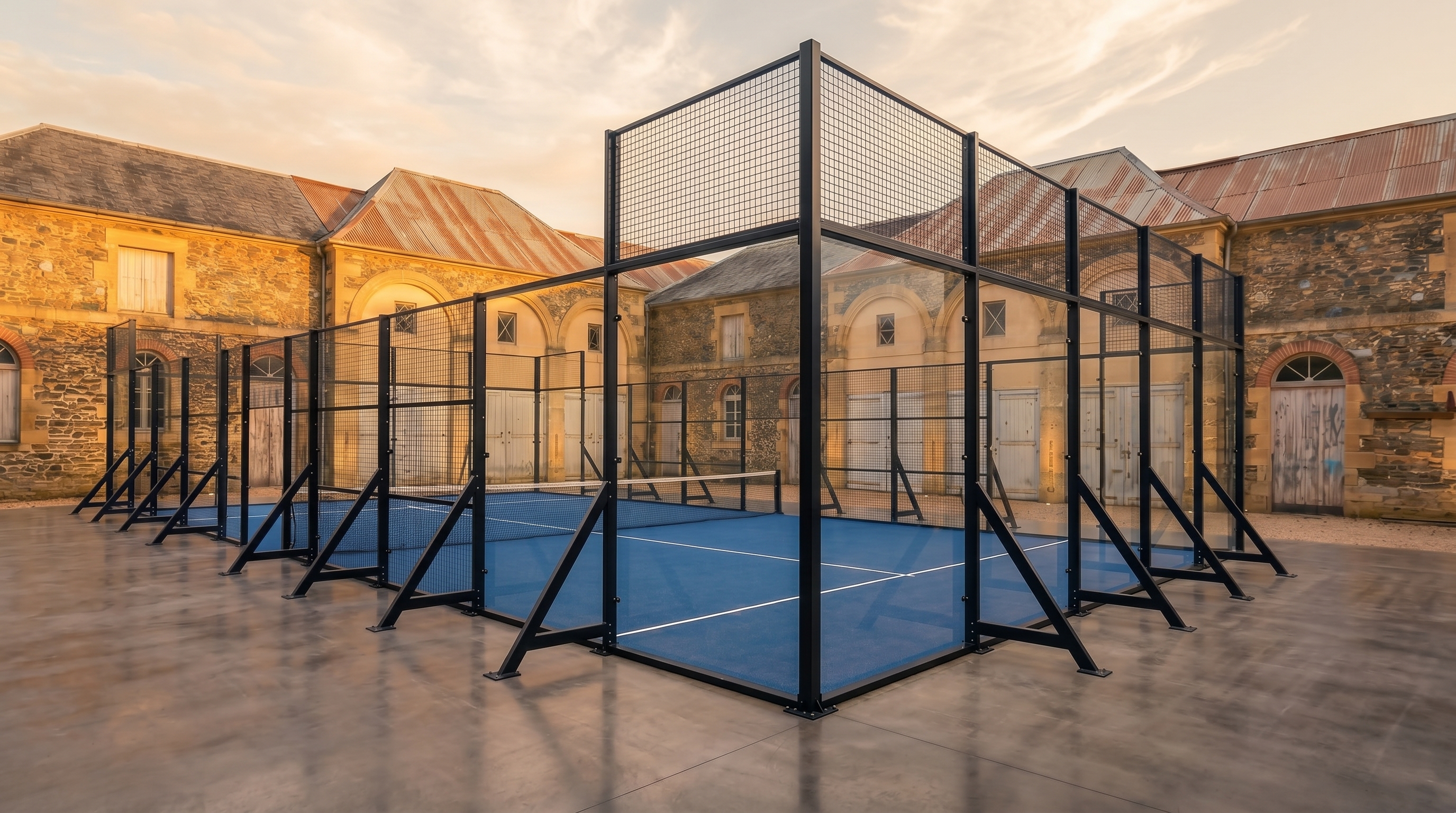 NINE ONE portable padel court installed inside a heritage sandstone courtyard at golden hour — flexible installation in a historic setting