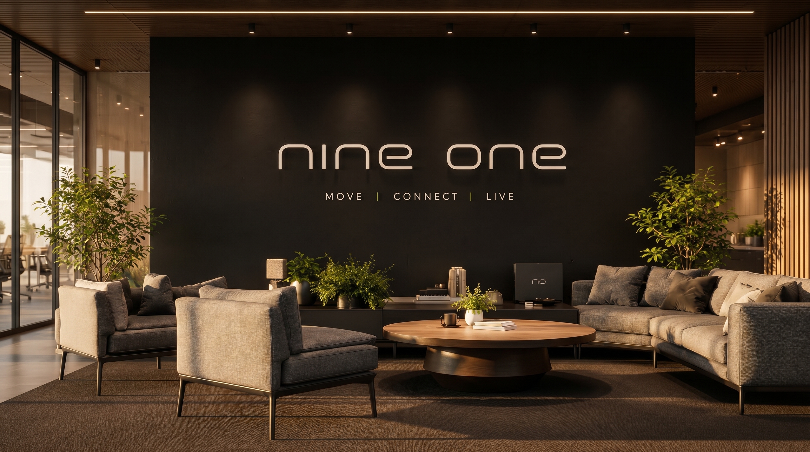 NINE ONE branded lounge interior with MOVE CONNECT LIVE wall, warm wood and sofas
