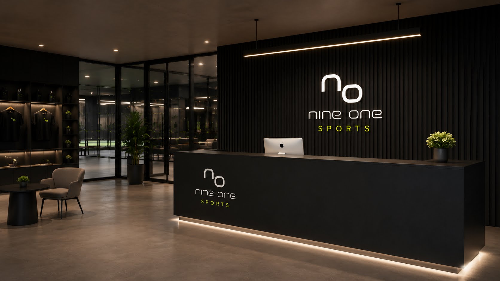 NINE ONE Sports reception lounge at night — dark architectural walls, illuminated nine one SPORTS logo wall, reception desk and retail display
