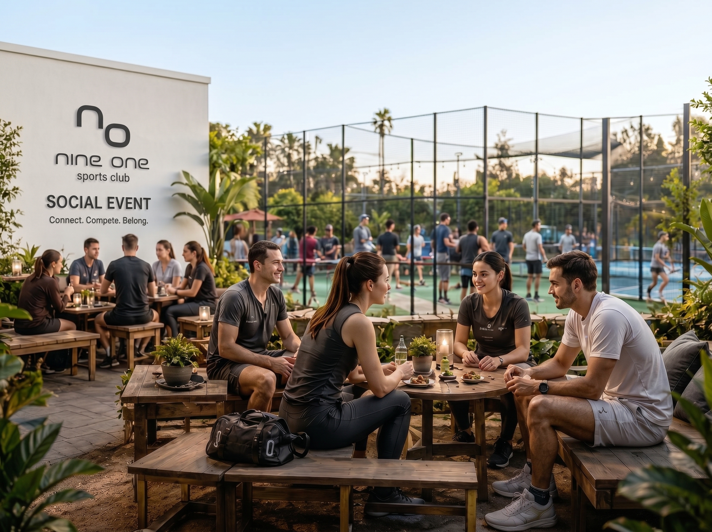 People at an outdoor NINE ONE social event beside the courts at golden hour