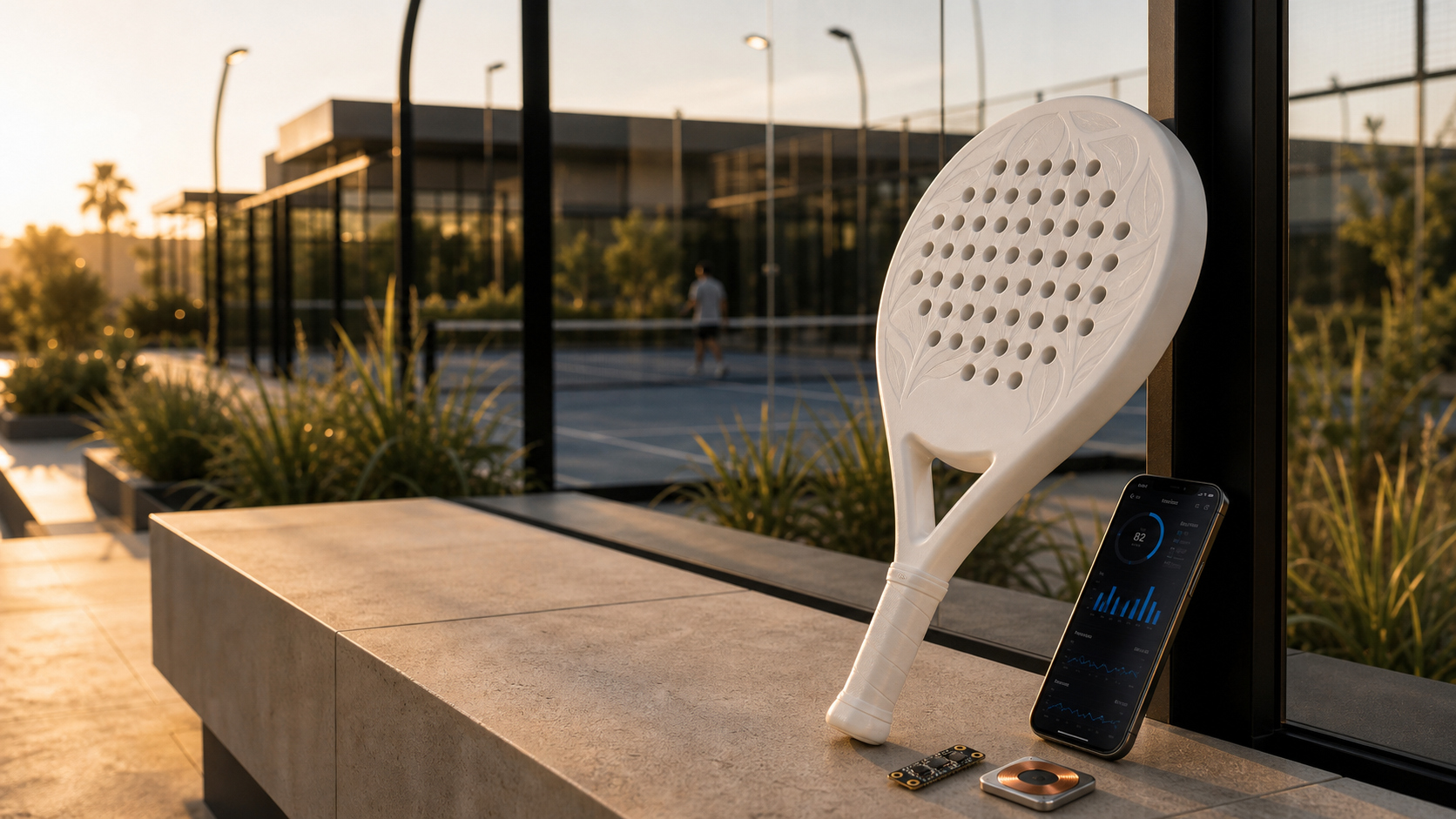 White smart padel racket leaning against a stone bench at golden hour, with a smartphone showing the companion app, a smart device dongle and an analytics smartwatch on the bench; padel courts and modern architecture through palm trees in the background
