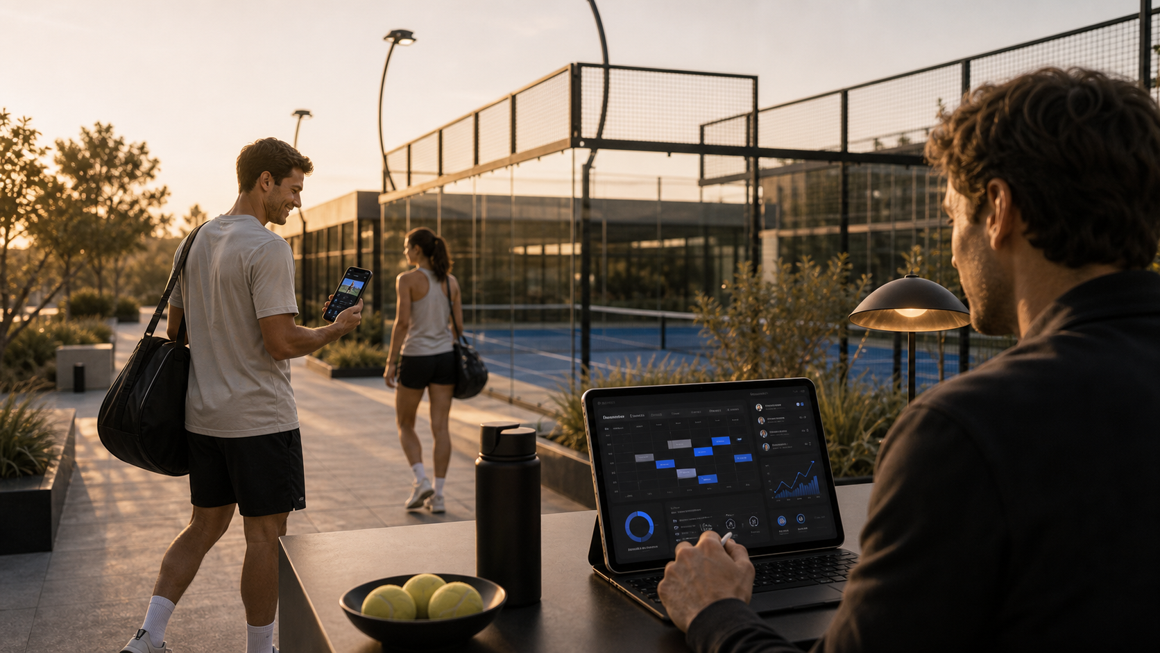 Golden-hour padel club: a player on the left walking with a smartphone companion app, club staff on the right reviewing an analytics dashboard on a tablet, with a padel court and architectural clubhouse between them