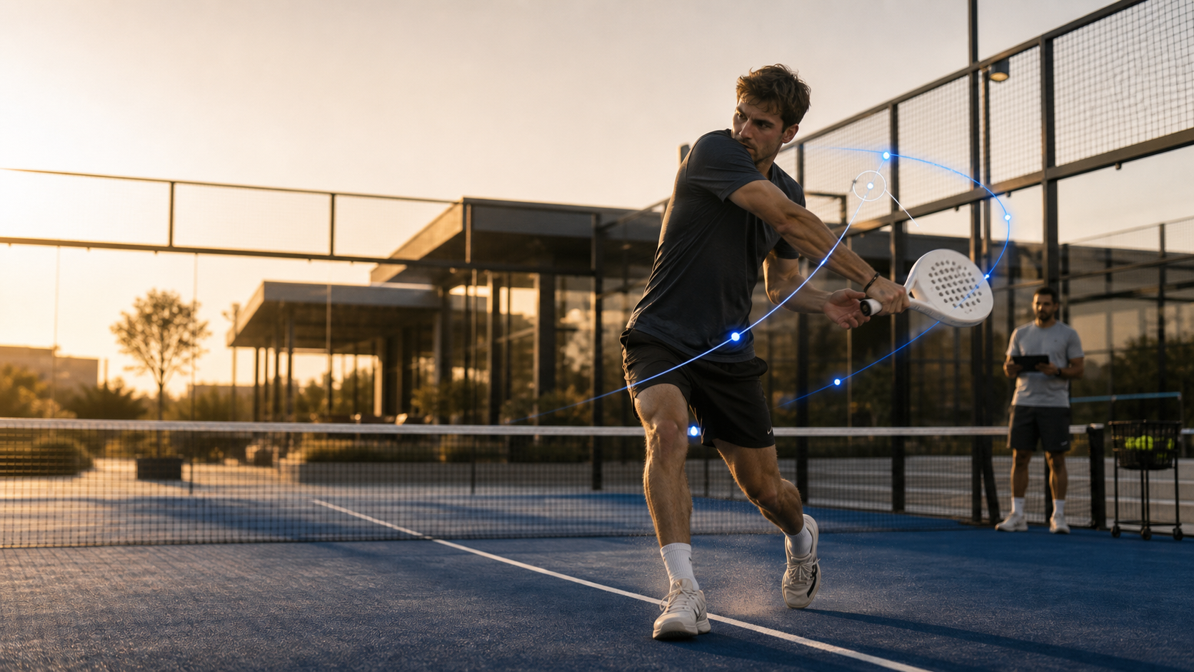Rooftop lounge at golden hour with players, a smart racket and dashboard device on the table, city skyline and padel courts behind