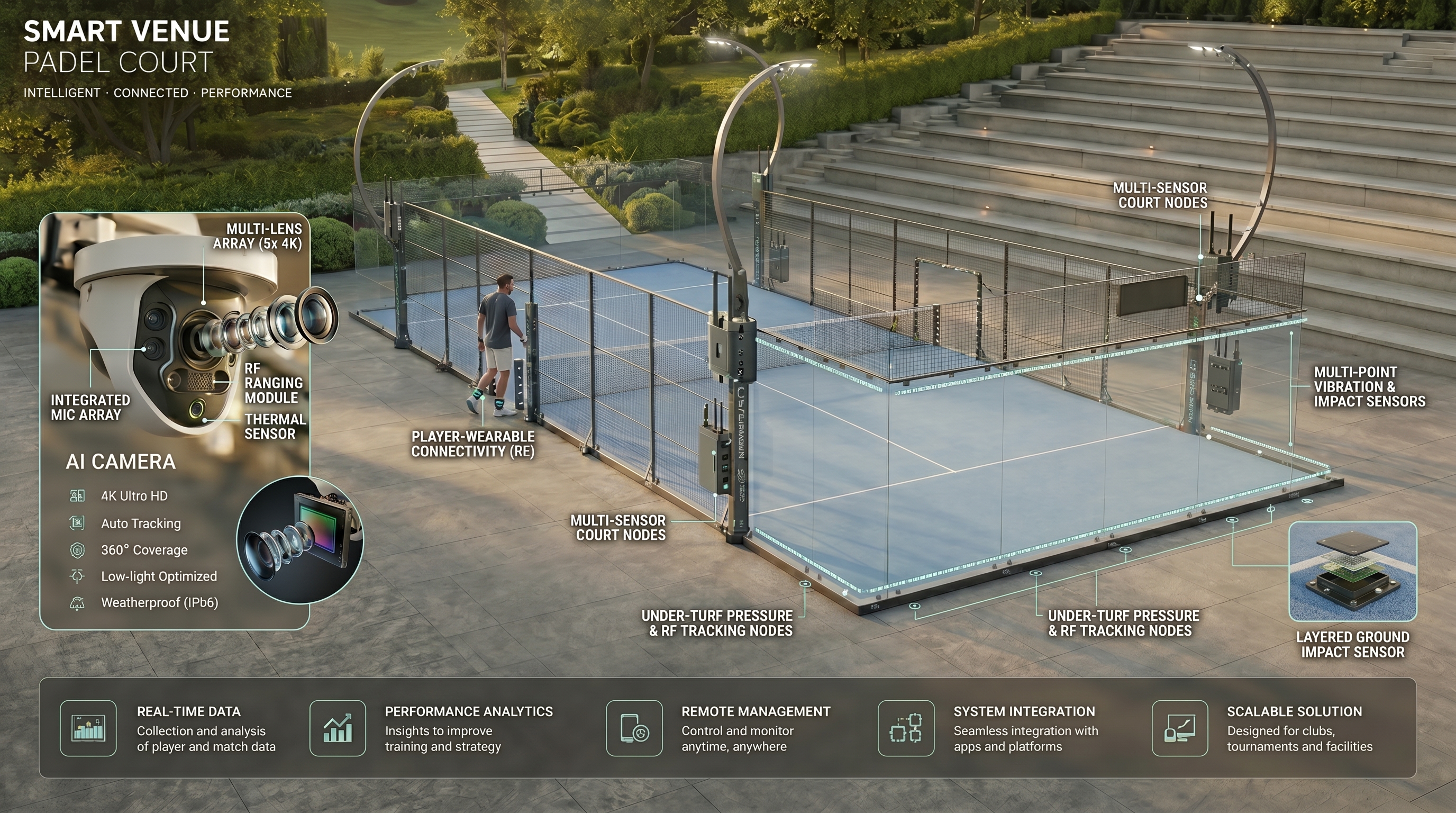 NINE ONE Smart Venue padel court — AI-powered connected ecosystem with sensor-equipped court nodes